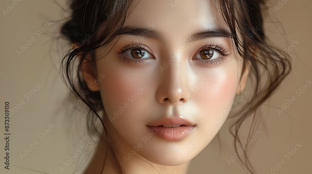 Close-up portrait of young Asian beautiful woman with K-beauty make up style and healthy and perfect skin isolated on beige background for skincare commercial product advertising. Close-up portrait of young Asian beautiful woman with K-beauty make up style and healthy and perfect skin isolated on beige background for skincare commercial product advertising.