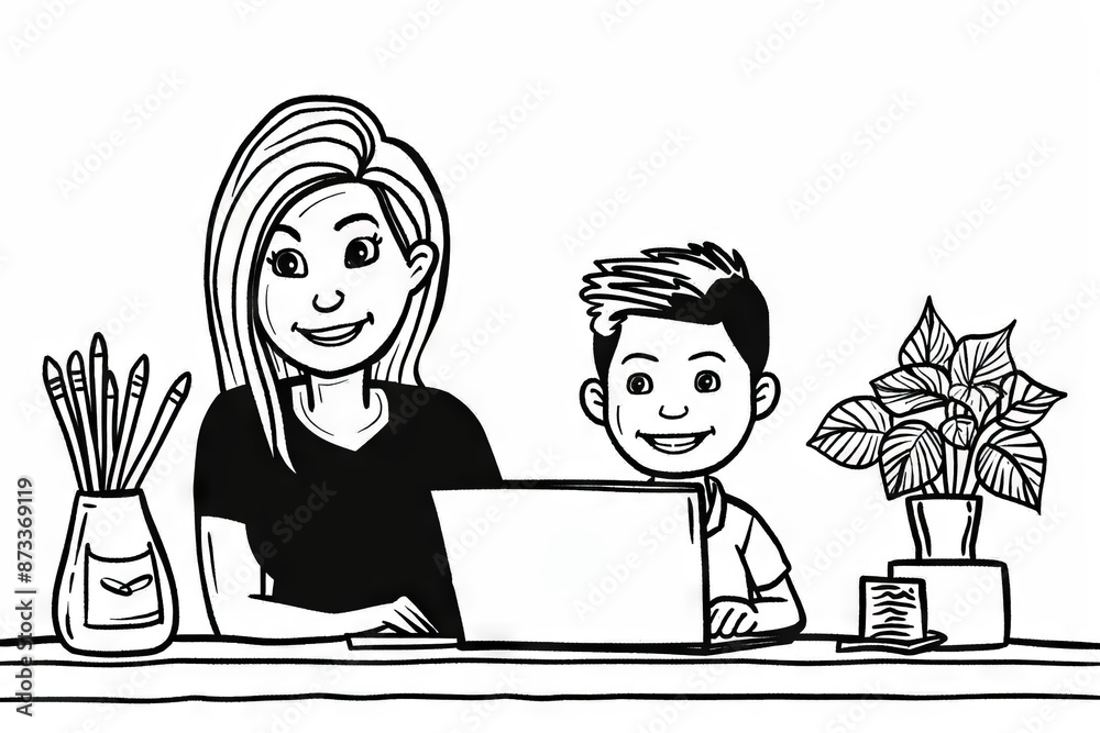 Mother and son at the laptop - cartoon people characters illustration on white background. Generative AI Mother and son at the laptop - cartoon people characters illustration on white background. Generative AI