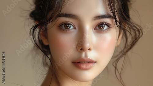Close-up portrait of young Asian beautiful woman with K-beauty make up style and healthy and perfect skin isolated on beige background for skincare commercial product advertising. 