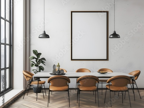 Minimalist Dining Room with Steel and Leather Chairs,Clean Interior Design Mockup