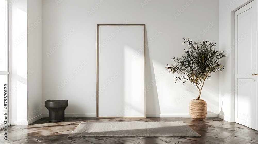Minimalist Entryway with Empty Frame in White Interior Mockup Scene Minimalist Entryway with Empty Frame in White Interior Mockup Scene