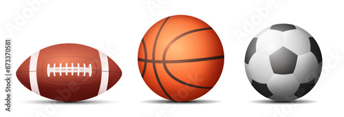 Set of balls. Soccer ball, basketball and American football. Vector 3d illustration.