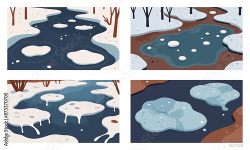 Set of Melting Ice Forming Water Puddles
