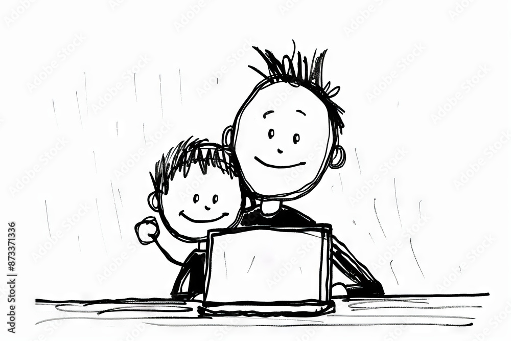 Father and son at the laptop - cartoon people characters illustration on white background. Generative AI Father and son at the laptop - cartoon people characters illustration on white background. Generative AI
