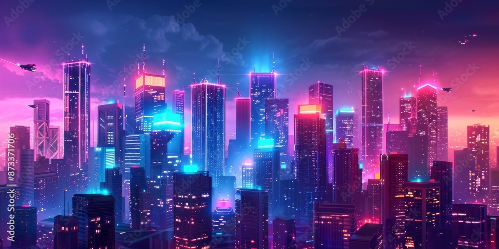 Fototapeta premium Futuristic Neon Skyline at Dusk with Vibrant Skyscrapers and Airborne Vehicles