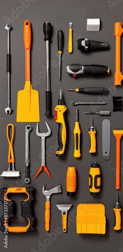 A variety of tools, mostly hand tools, are arranged in a symmetrical pattern on a dark gray surface