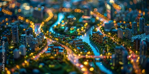 Miniature Night Cityscape with River, Lights, and Buildings