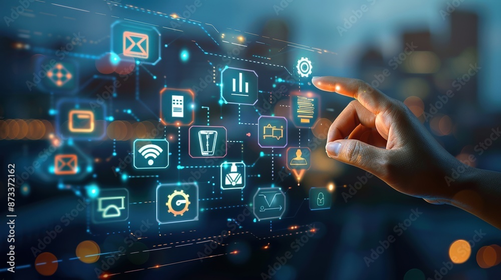 A hand is pointing at a screen with a lot of icons and buttons A hand is pointing at a screen with a lot of icons and buttons
