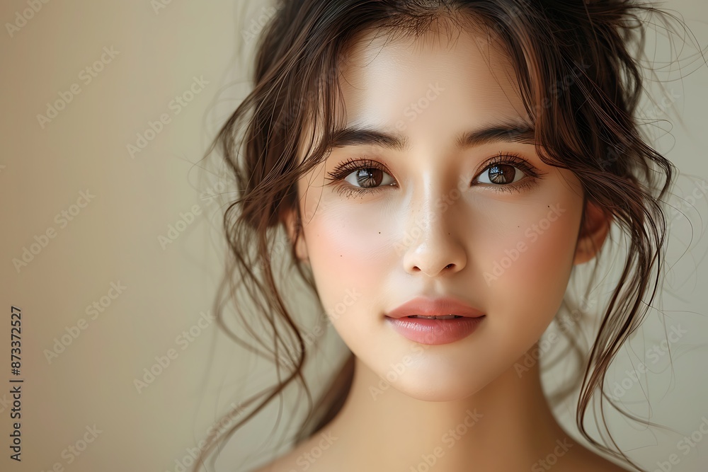 Close-up portrait of young Asian beautiful woman with K-beauty make up style and healthy and perfect skin isolated on beige background for skincare commercial product advertising. Close-up portrait of young Asian beautiful woman with K-beauty make up style and healthy and perfect skin isolated on beige background for skincare commercial product advertising.