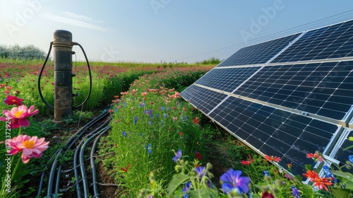 Solar panels lined up beside a blossoming flower field, with cables running to a central tube well, illustrating renewable energy use in agriculture. photo