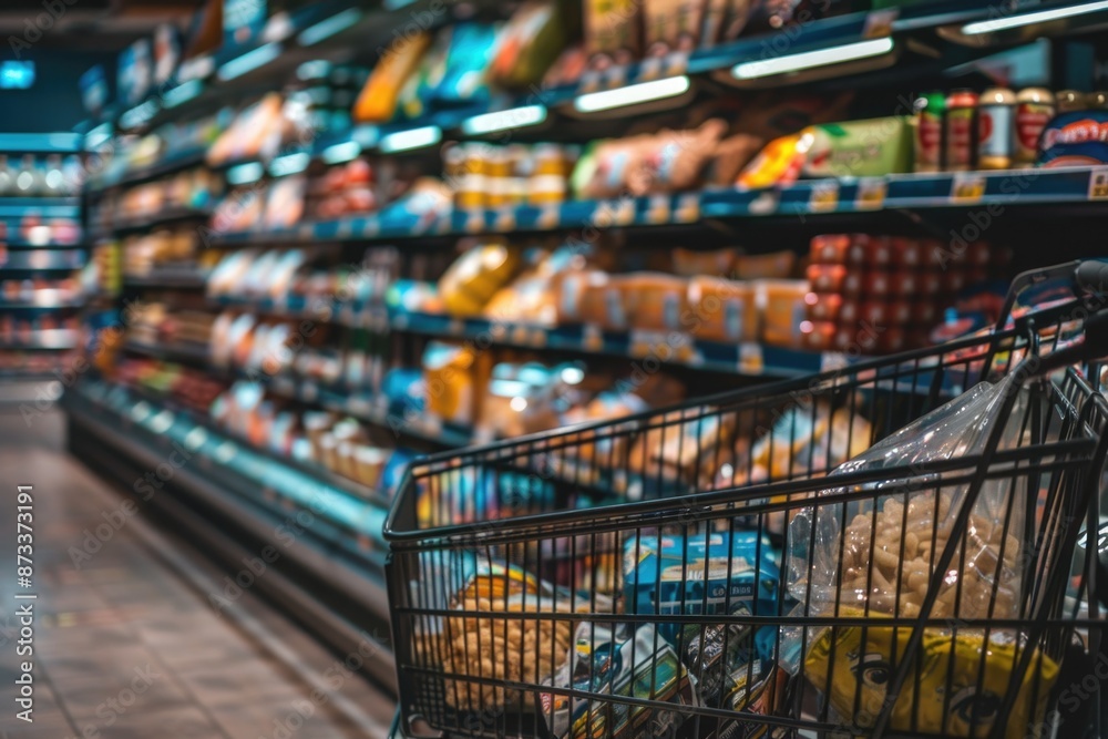 A shopping cart is full of food items in a grocery store. The cart is filled with a variety of items, including a bag of chips and a carton of milk. The store is well-stocked and organized A shopping cart is full of food items in a grocery store. The cart is filled with a variety of items, including a bag of chips and a carton of milk. The store is well-stocked and organized