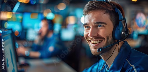Smiling Male Technician Wearing Headset in Modern Control Room