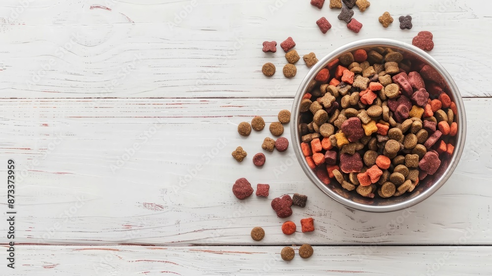 Top view of dry dog pet food in a bowl on white wooden background emphasizing pet feeding concept Top view of dry dog pet food in a bowl on white wooden background emphasizing pet feeding concept