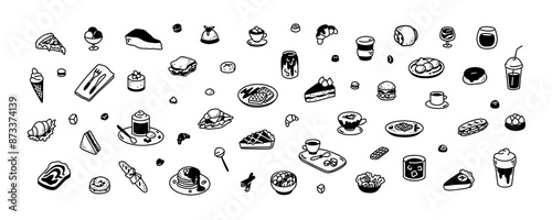 Cute line doodle big food set. Minimalist icons for restaurant, cafe, patisserie, bakery, confectionary, coffeeshop menu. Hot and cold drinks. Aesthetic boho meal hand drawn vector illustrations