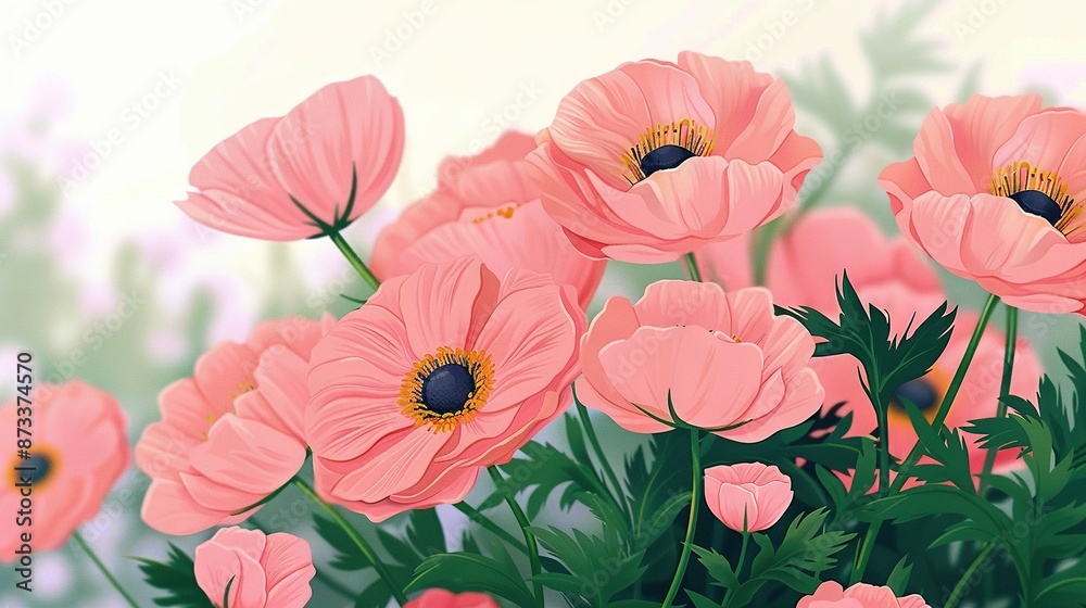  Pink flowers in green leaves and a pink sky