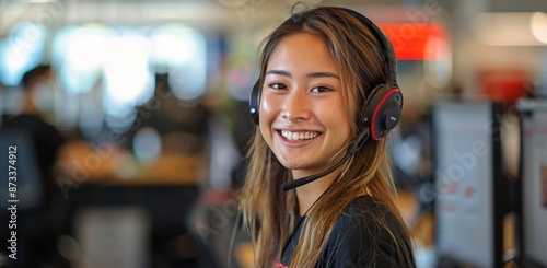 Young Woman Wearing Headphones and Smiling in an Office Setting