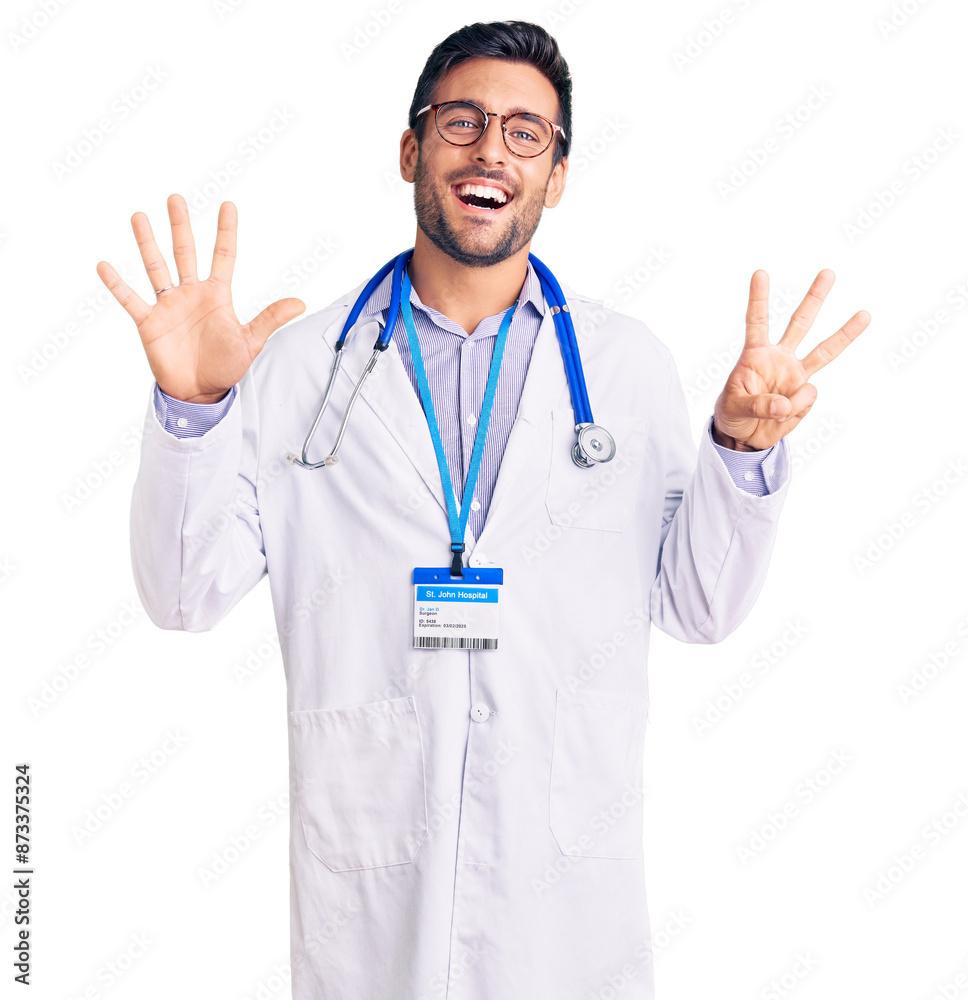 Young hispanic man wearing doctor uniform and stethoscope showing and pointing up with fingers number eight while smiling confident and happy. Young hispanic man wearing doctor uniform and stethoscope showing and pointing up with fingers number eight while smiling confident and happy.