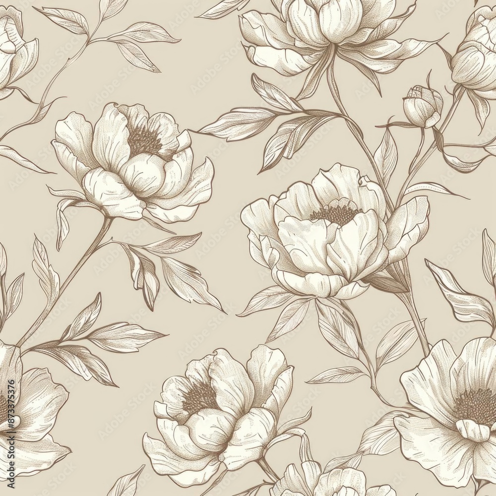 Hand-drawn seamless pattern of peony blossoms with fine, intricate details, resembling delicate ink sketches on a subtle textured backdrop Hand-drawn seamless pattern of peony blossoms with fine, intricate details, resembling delicate ink sketches on a subtle textured backdrop