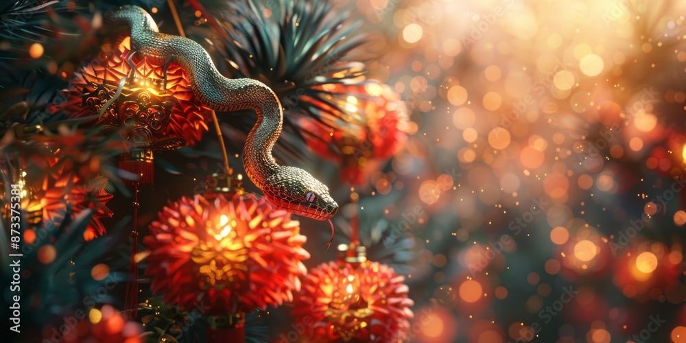 Golden Snake Amidst Lanterns in a Celebratory Festive Atmosphere with Warm Lighting Golden Snake Amidst Lanterns in a Celebratory Festive Atmosphere with Warm Lighting