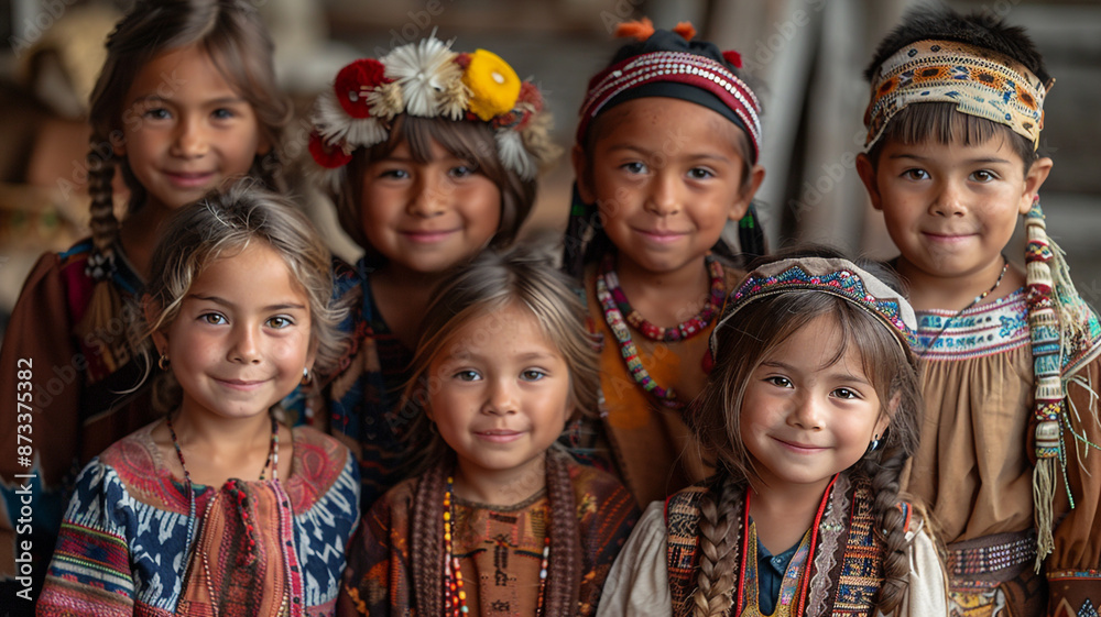 A multicultural group of kids, dressed traditionally from several cultures, grinning for a group picture A multicultural group of kids, dressed traditionally from several cultures, grinning for a group picture