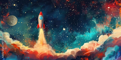 Fototapeta Naklejka Na Ścianę i Meble -  A colorful painting of a rocket launching into space with a star in the background. The painting has a dreamy, imaginative feel to it, with the bright colors