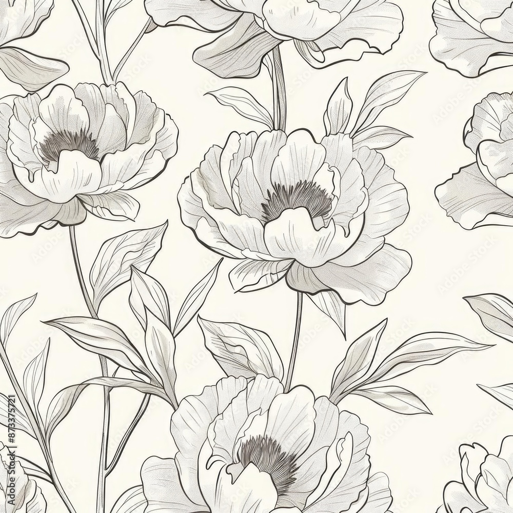Minimalist seamless background with line-art peony blossoms in monochromatic shades, focusing on clean, elegant outlines and simplicity