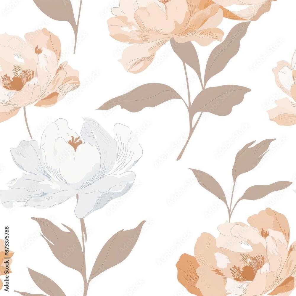 Fototapeta premium Minimalist seamless design with simplified peony blossoms in neutral tones on a clean white background, focusing on sleek, modern aesthetics