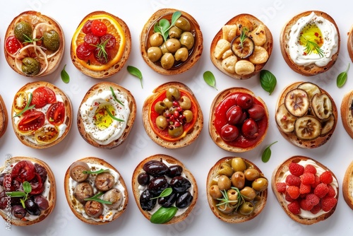 Assorted Mediterranean appetizers in bowls, featuring olives, tomatoes, and various dips and spreads © VR