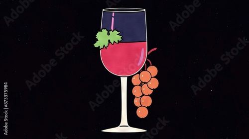   A depiction of a crimson wine glass adorned with vinegrapes on the stem and a cluster of verdant foliage photo