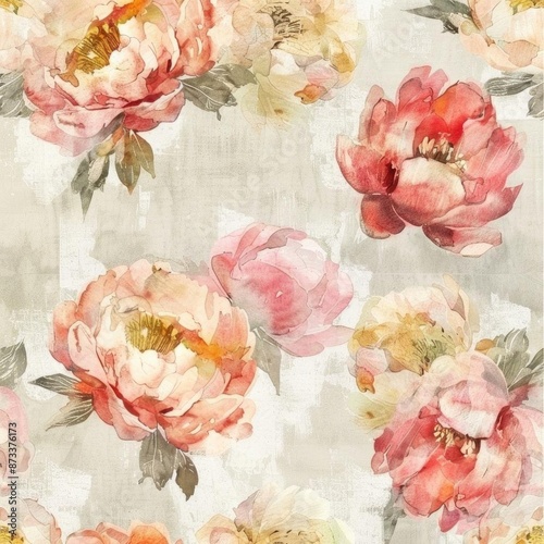 Seamless background featuring vintage watercolor peony blossoms, softly blended with faded tones and gentle brush strokes, evoking a nostalgic charm photo