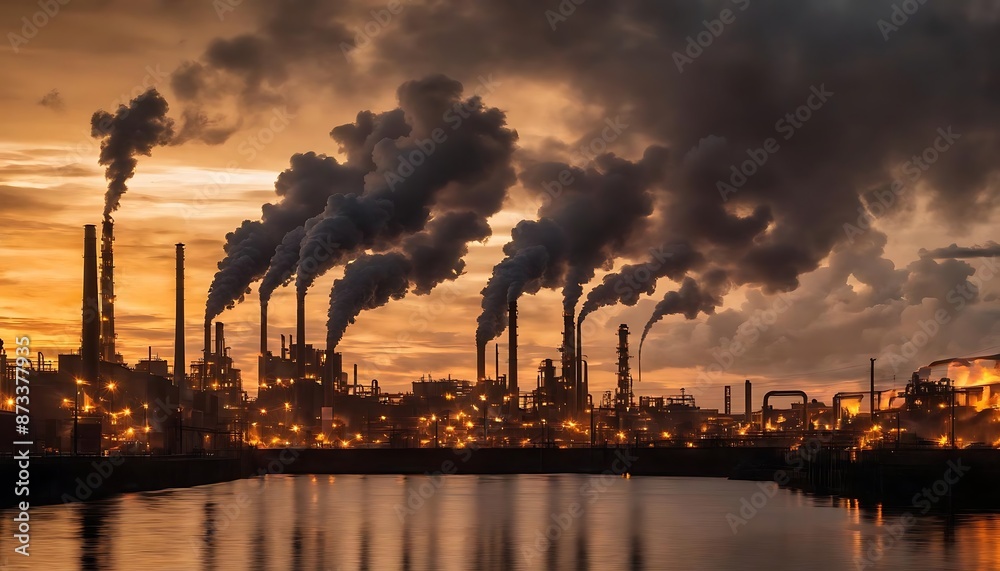 Industrial Skyline with Smoke and Sunset Reflected in Water Industrial Skyline with Smoke and Sunset Reflected in Water