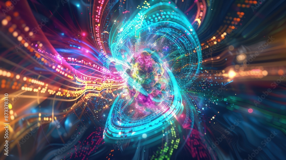 A concept image of AI with a complex digital core emitting vibrant colors, surrounded by swirling data particles and light patterns. A concept image of AI with a complex digital core emitting vibrant colors, surrounded by swirling data particles and light patterns.