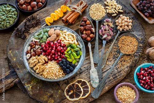 Ashure dessert with legumes and dried fruits named aşure or asure 