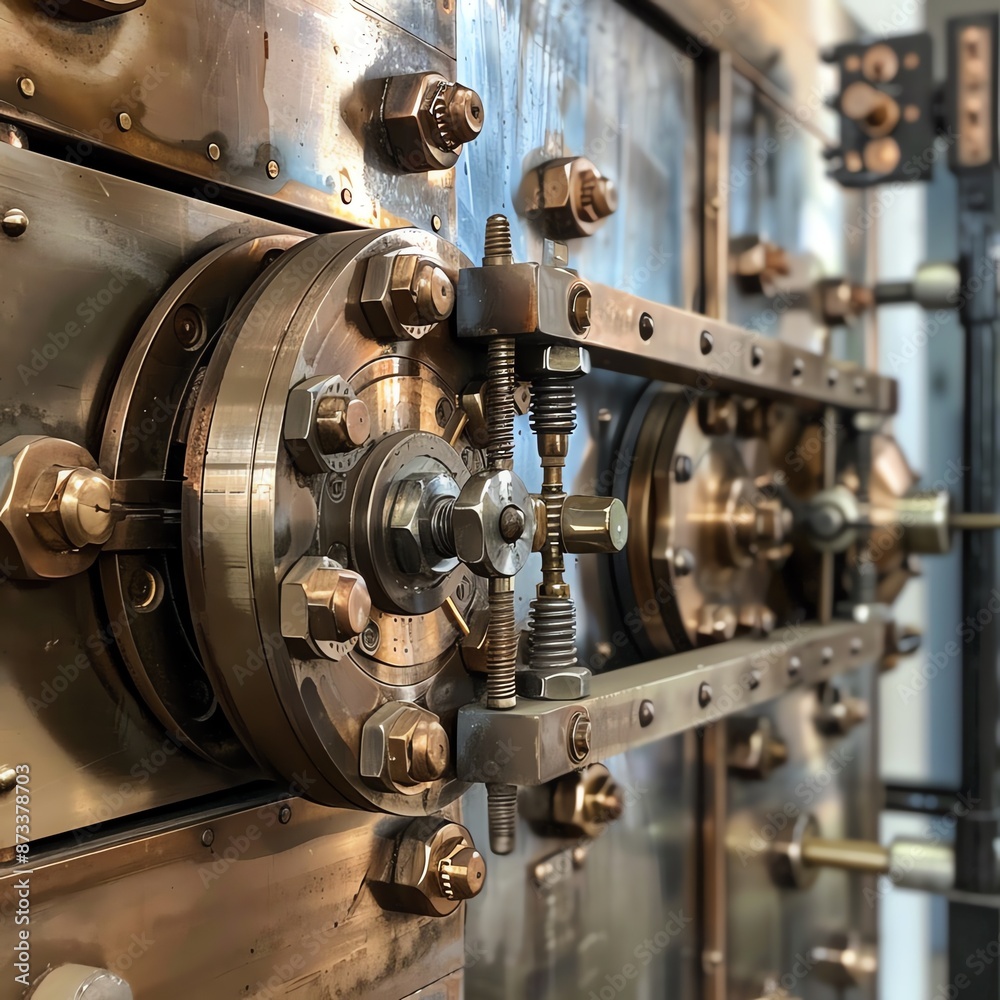 Detailed image of a bank vault door, showing intricate locking mechanisms Detailed image of a bank vault door, showing intricate locking mechanisms