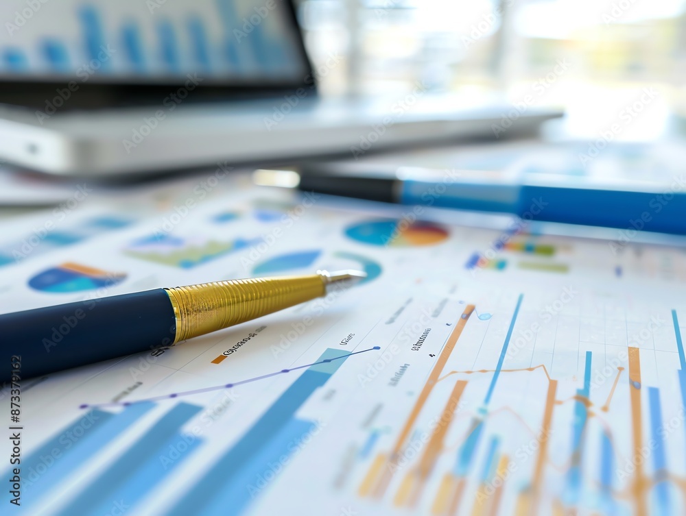 Macro shot of a financial analyst's workspace with charts and graphs Macro shot of a financial analyst's workspace with charts and graphs