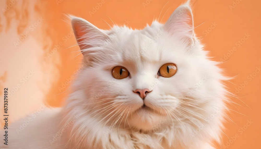 Fototapeta premium Majestic White Cat with Amber Eyes Against Orange Background