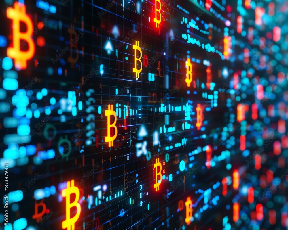 Macro shot of digital currency symbols on a glowing screen Macro shot of digital currency symbols on a glowing screen