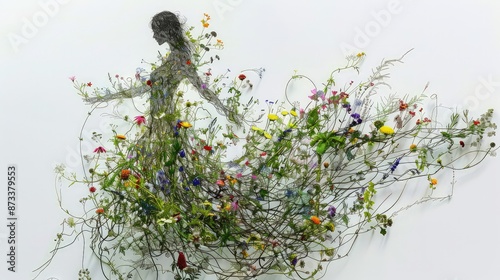 A conceptual piece featuring an assortment of wildflowers and delicate vines arranged loosely to form the silhouette of a woman in a flowing dress.