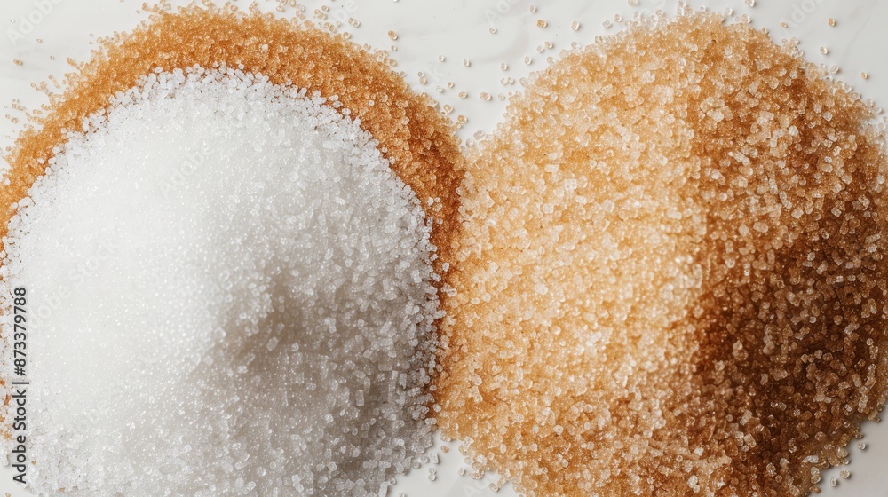 Detailed macro shot of brown and white sugar with visible labels, isolated background, high-quality studio lighting Detailed macro shot of brown and white sugar with visible labels, isolated background, high-quality studio lighting