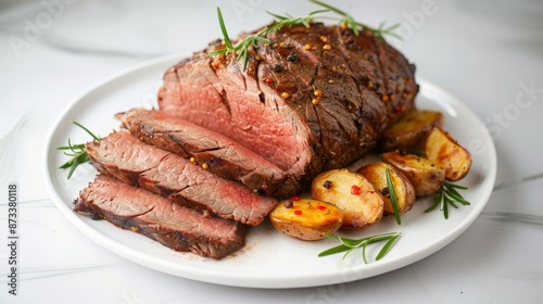 Gourmet roasted beef slices on a white plate, garnished with rosemary and a side of roasted potatoes, studio lighting