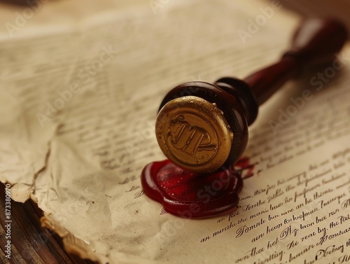 Close-up of a contract with a wax seal being stamped photo