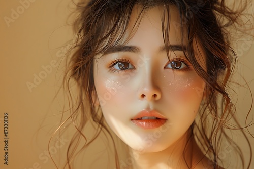 Close-up portrait of young Asian beautiful woman with K-beauty make up style and healthy and perfect skin isolated on beige background for skincare commercial product advertising.  © Five Million Stocks