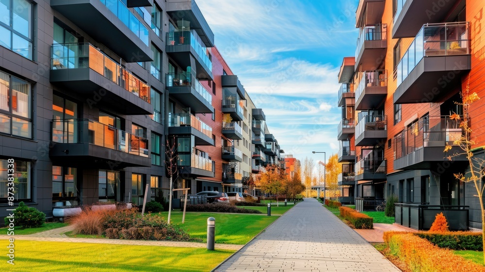 Fototapeta premium Modern Apartment Complex with Green Pathway - A modern apartment complex with a green pathway leading through the middle, surrounded by well-maintained landscaping. - A modern apartment complex with a