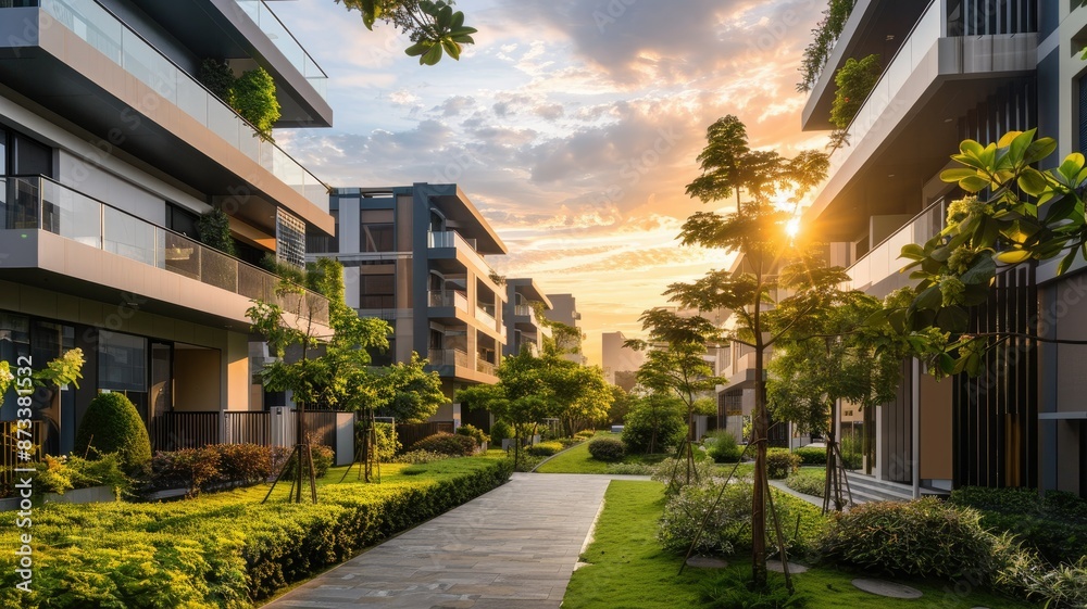Modern Residential Complex at Sunset - A modern residential complex with lush landscaping and a pathway leading to the horizon, showcasing the beauty of modern architecture and serene living at sunset Modern Residential Complex at Sunset - A modern residential complex with lush landscaping and a pathway leading to the horizon, showcasing the beauty of modern architecture and serene living at sunset