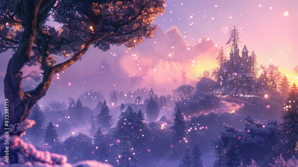 Winter Wonderland Castle - A magical winter scene with a snow-covered castle nestled in a forest. The mountains in the background are shrouded in mist, and snowflakes fall from the sky. - A magical wi Winter Wonderland Castle - A magical winter scene with a snow-covered castle nestled in a forest. The mountains in the background are shrouded in mist, and snowflakes fall from the sky. - A magical wi