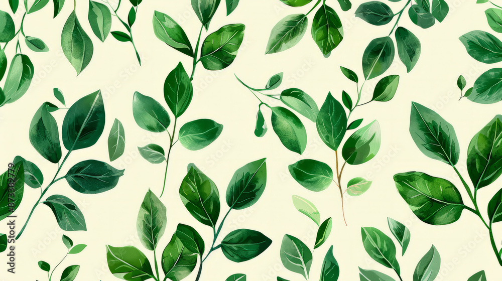 Green plant leaf leaves pattern colored pencil paint hand drawn natural illustration simple organic plants design. Botany botanical graphic art wallpaper nature background, minimal, clean design