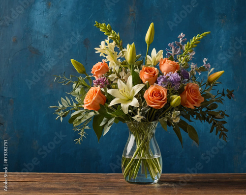 Blumen in durchsichtiger Vase vor blauem Hintergrund