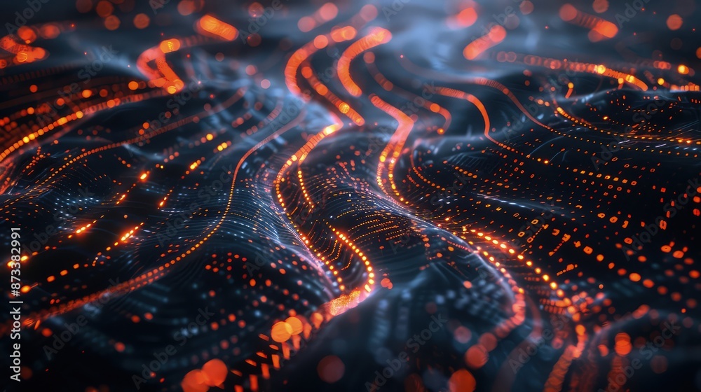 A creative abstract representation of AI, with dynamic patterns of light trails and binary code forming a high-tech neural network on a dark canvas. A creative abstract representation of AI, with dynamic patterns of light trails and binary code forming a high-tech neural network on a dark canvas.