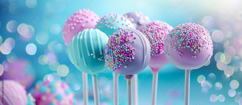 Colorful pastel blue and pink cake pops with sprinkles on a blue bokeh background. Perfect for a celebration or party concept. Colorful pastel blue and pink cake pops with sprinkles on a blue bokeh background. Perfect for a celebration or party concept.