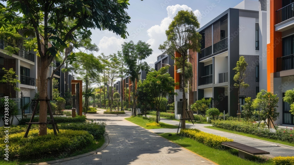Modern Homes in a Lush Green Neighborhood - A picturesque view of a modern residential neighborhood with well-maintained landscaping and paved pathways, showcasing contemporary architecture and a sere Modern Homes in a Lush Green Neighborhood - A picturesque view of a modern residential neighborhood with well-maintained landscaping and paved pathways, showcasing contemporary architecture and a sere